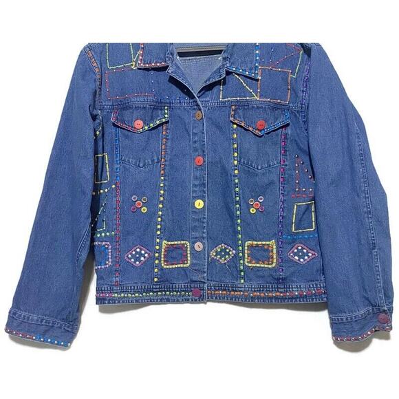 Jacqueline Lauren Jean Short Jacket Women's Large Studded Embroidered Denim - Picture 4 of 8